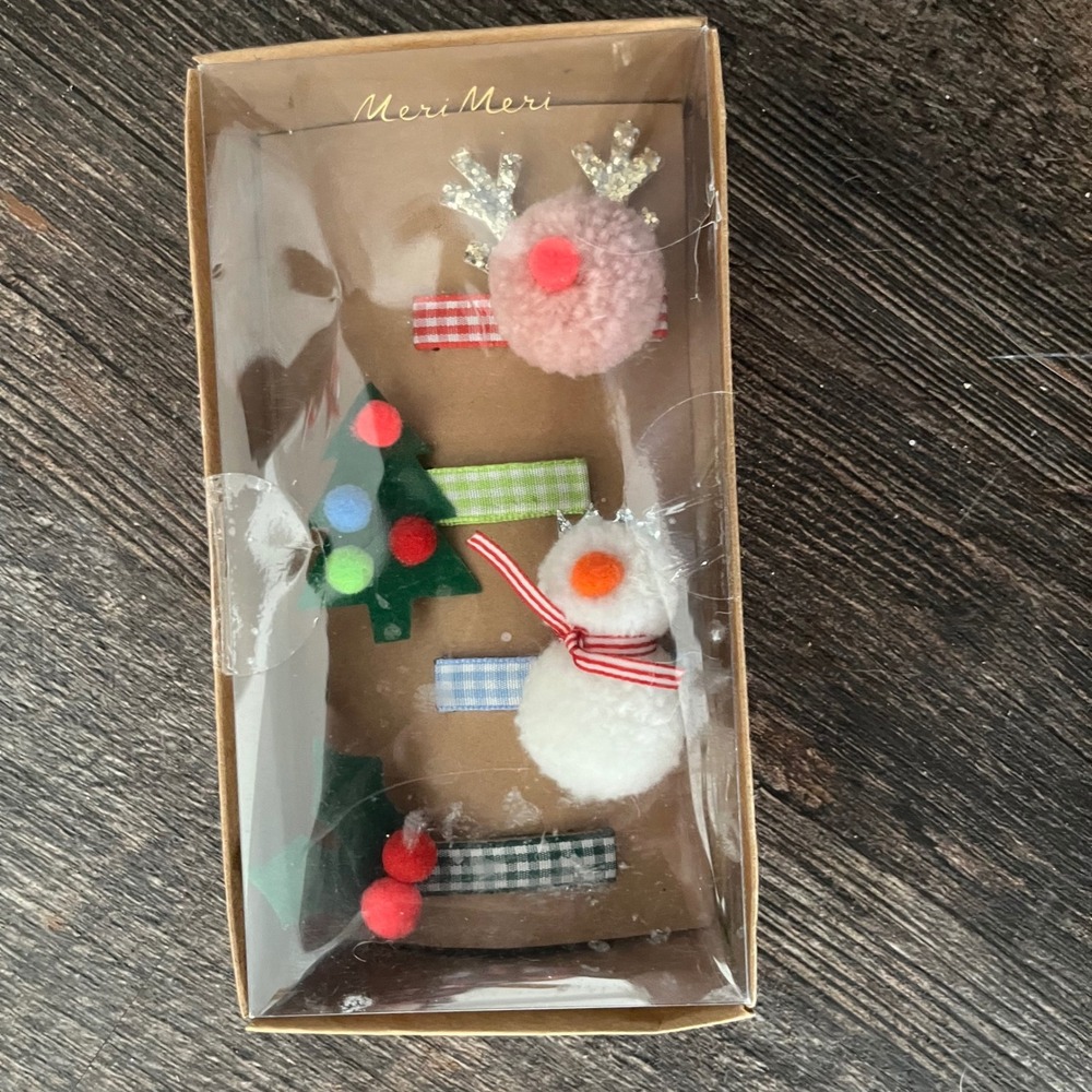 Meri‎ Meri Christmas Holiday Hair Clips Set Reindeer Snowman Tree Holly